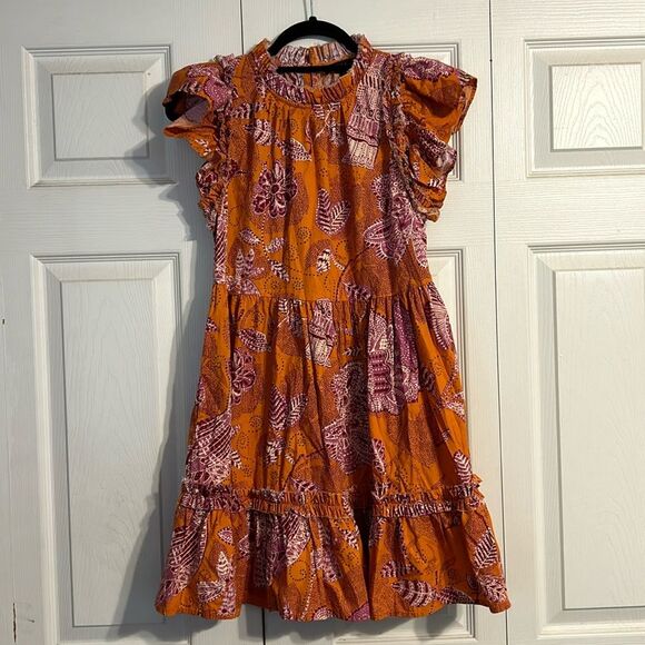 House Of Harlow 1960 Orange Floral Bird Boho Tiered Mini Dress Ruffle Small - Picture 1 of 7